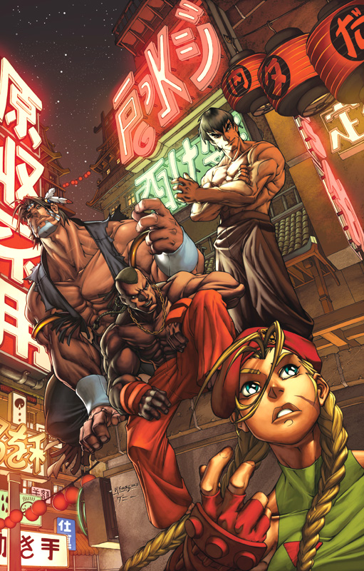 mark brooks, cammy white, dee jay, fei long, thunder hawk, capcom, street fighter, 1girl, 3boys, black hair, blonde hair, blue eyes, braid, brown hair, dark-skinned male, dark skin, dutch angle, fingerless gloves, gloves, mexico, multiple boys, muscular, native american, night, outdoors