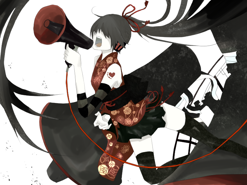 pug (pixiv), nagone mako, koi wa sensou (vocaloid), utau, vocaloid, bad id, bad pixiv id, arm warmers, black hair, hair over eyes, headphones, japanese clothes, kimono, long hair, megaphone, parody, ponytail, solo, thighhighs, very long hair