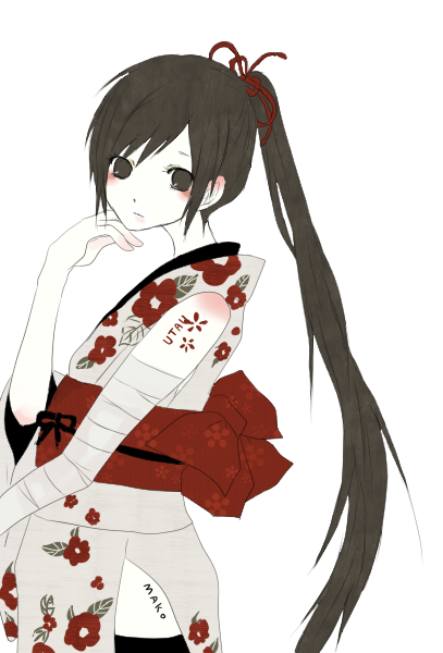 pug (pixiv), nagone mako, utau, vocaloid, black hair, blush, japanese clothes, kimono, long hair, ponytail, solo, thighhighs, very long hair