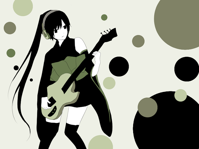 pug (pixiv), nagone mako, utau, vocaloid, bad id, bad pixiv id, black hair, guitar, headphones, instrument, japanese clothes, kimono, long hair, ponytail, solo, thighhighs, very long hair