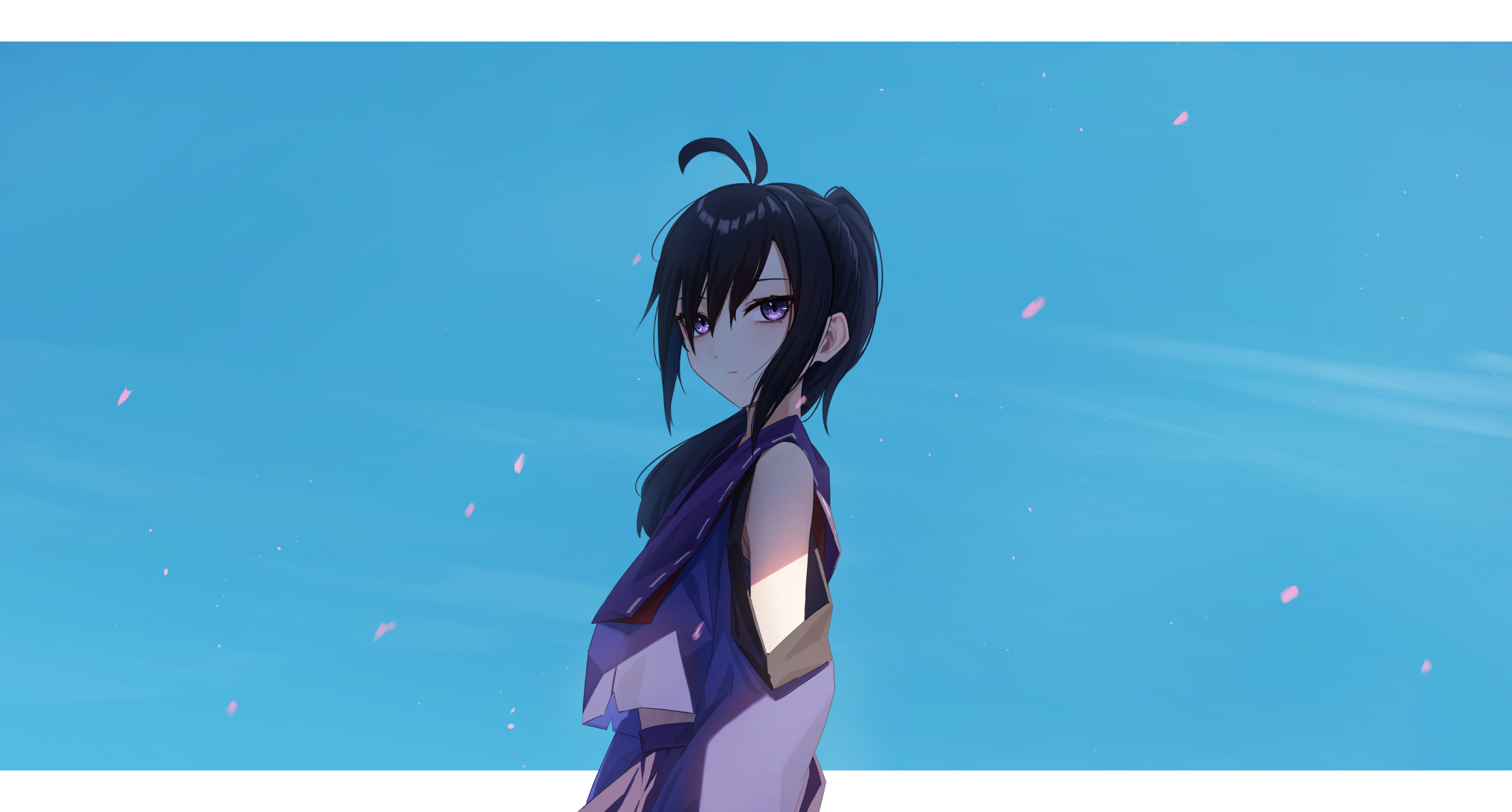 kis sako, original, commentary request, highres, 1girl, antenna hair, black hair, expressionless, long hair, looking at viewer, pillarboxed, ponytail, purple eyes, solo