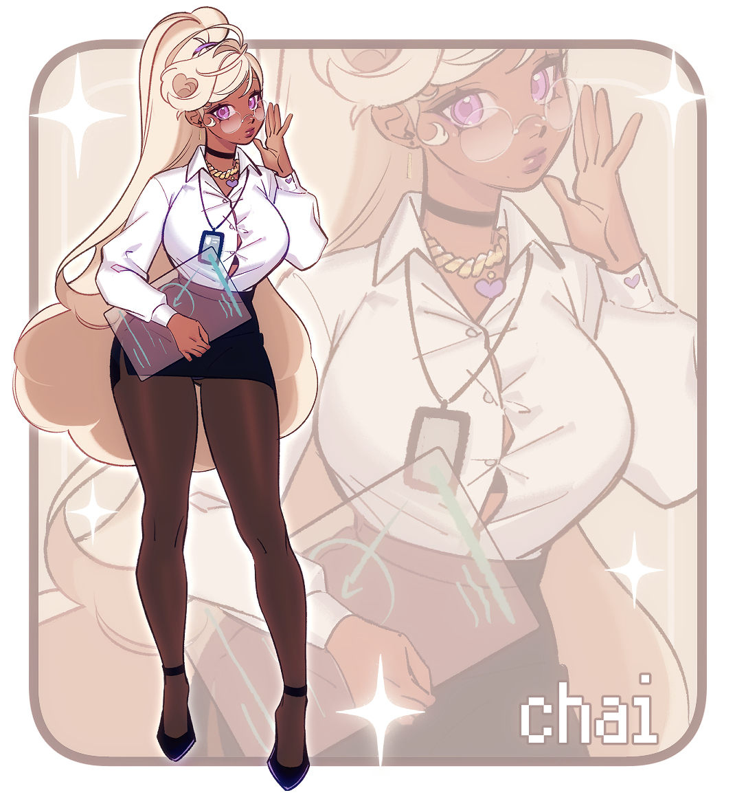 maplekeurig, chai (maplekeurig), original, 1girl, black choker, blonde hair, blue shoes, breasts, bursting breasts, character name, choker, clipboard, closed mouth, dark-skinned female, dark skin, eyebrows hidden by hair, gluteal fold, high heels, holding, holding clipboard, id card, jewelry, lanyard, large breasts, lipstick, long hair, looking at viewer, makeup, multiple views, necklace, office lady, purple eyes, round eyewear, shirt, shoes, solo, stiletto heels, very long hair, white shirt