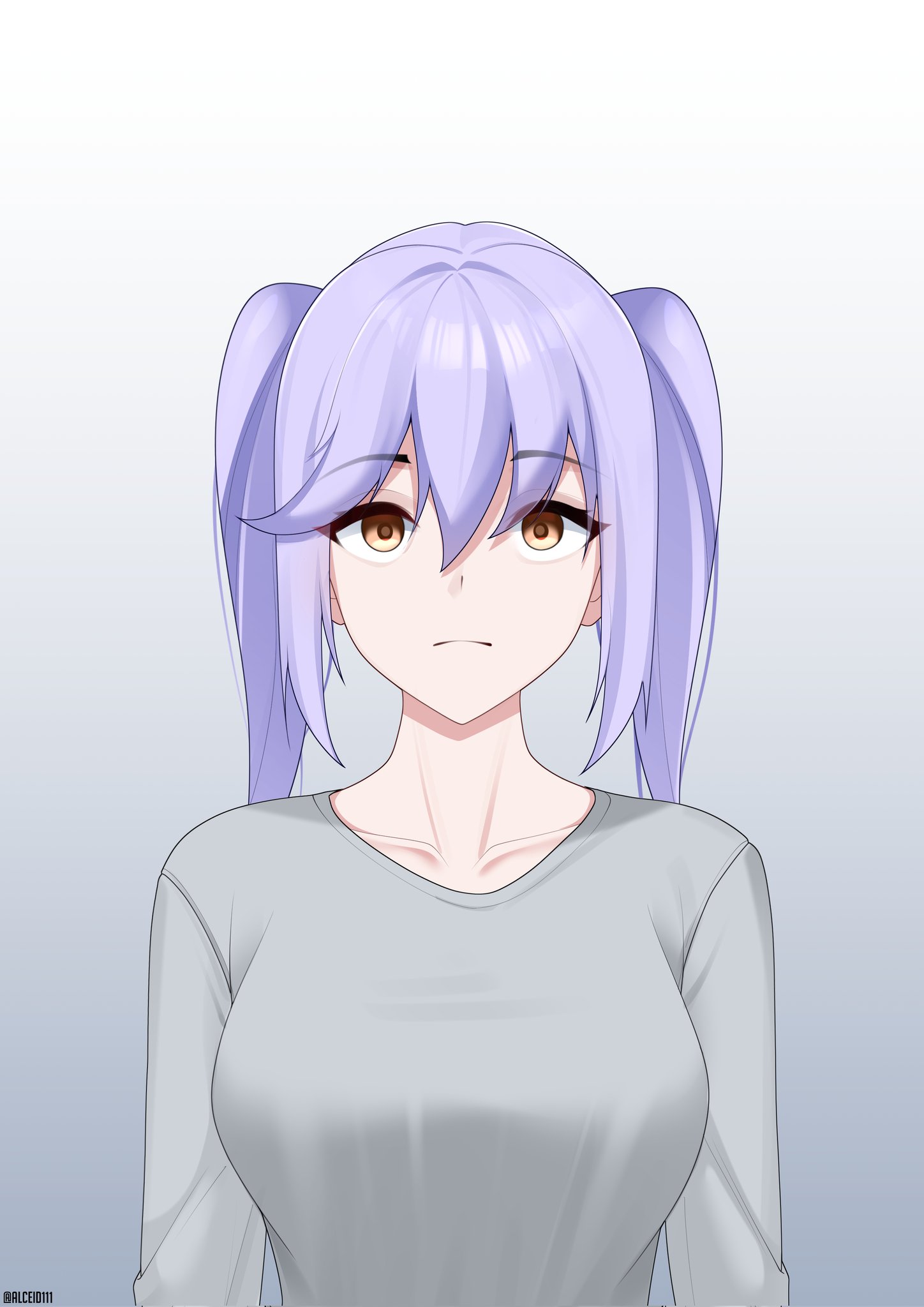 alceid, essex (azur lane), azur lane, commentary, english commentary, highres, 1girl, alternate costume, artist name, blue hair, breasts, casual, closed mouth, collarbone, frown, gradient background, grey background, grey sweater, hair between eyes, large breasts, long hair, long sleeves, looking at viewer, ptsd, purple hair, simple background, solo, straight-on, sweater, thousand yard stare, twintails, upper body, wide-eyed, yellow eyes