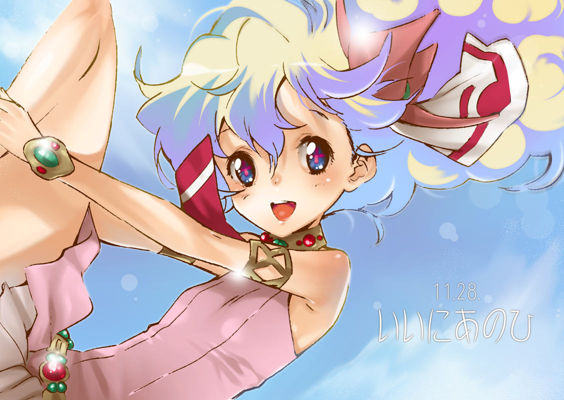 yukimitsuki, nia teppelin, tengen toppa gurren lagann, + +, 00s, 1girl, aged down, armlet, bracelet, cross-shaped pupils, day, dress, female focus, flat chest, jewelry, multicolored hair, pink dress, pink skirt, skirt, sky, smile, solo, symbol-shaped pupils, two-tone hair