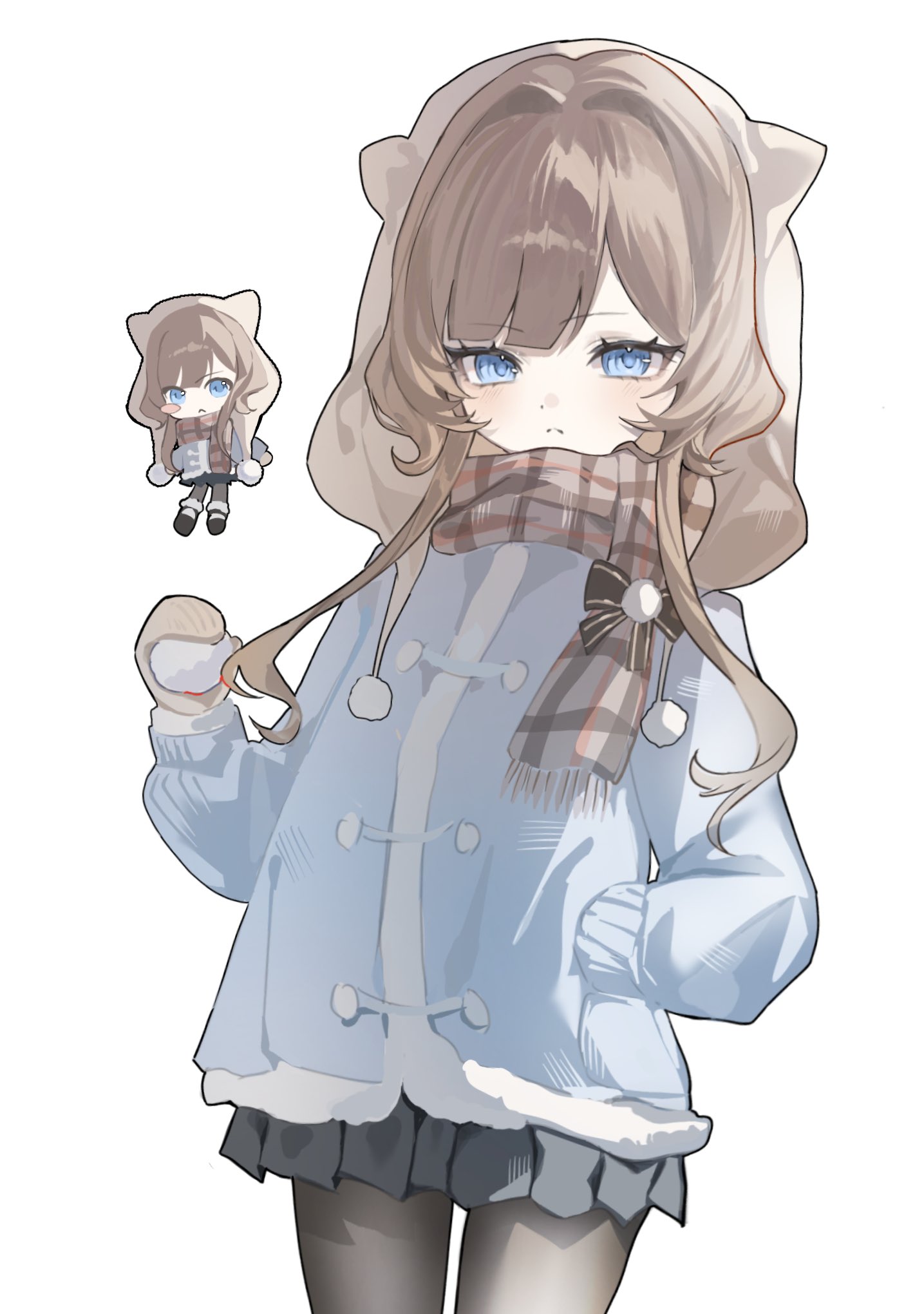 sandrone (genshin impact), genshin impact, highres, 1girl, blue eyes, bow, brown bow, brown hair, brown scarf, chibi, gloves, grey skirt, looking at viewer, pantyhose, plaid clothes, plaid scarf, pom pom (clothes), scarf, sellfishu, skirt, white background, winter clothes