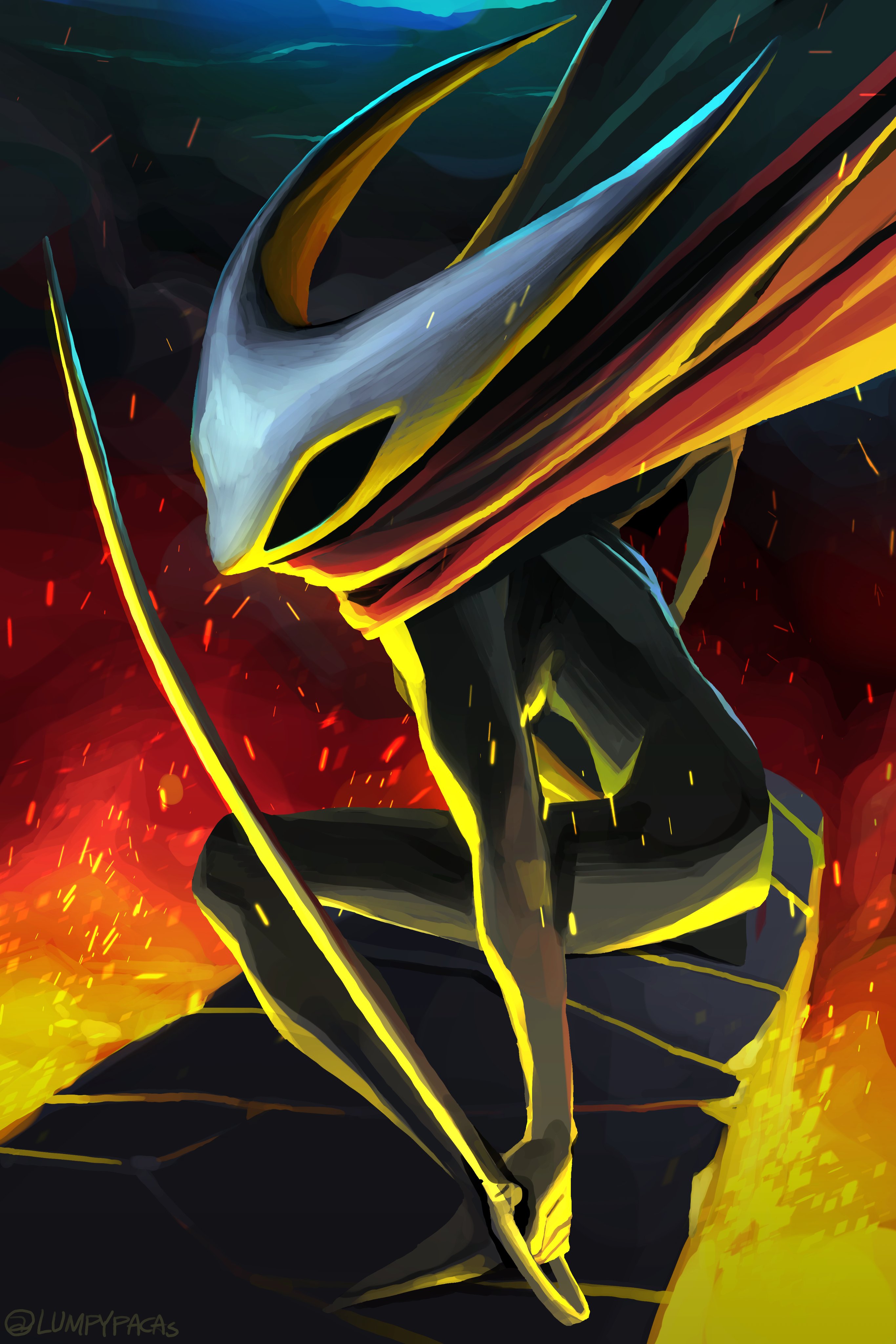 lumpypacas, hornet (hollow knight), hollow knight, hollow knight: silksong, absurdres, highres, 1girl, arthropod girl, artist name, black skin, breasts, cloak, colored skin, full body, holding, holding weapon, hollow eyes, horned mask, horns, lava, mask, needle (hollow knight), red cloak, solo, squatting, weapon, white mask