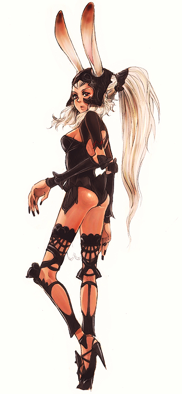 mugenai, fran (ff12), final fantasy, final fantasy xii, 00s, 1girl, animal ears, ass, breasts, dark-skinned female, dark skin, detached sleeves, female focus, full body, high heels, long hair, long legs, looking back, ponytail, rabbit ears, red eyes, shoes, simple background, solo, thighhighs, viera, white background, white hair