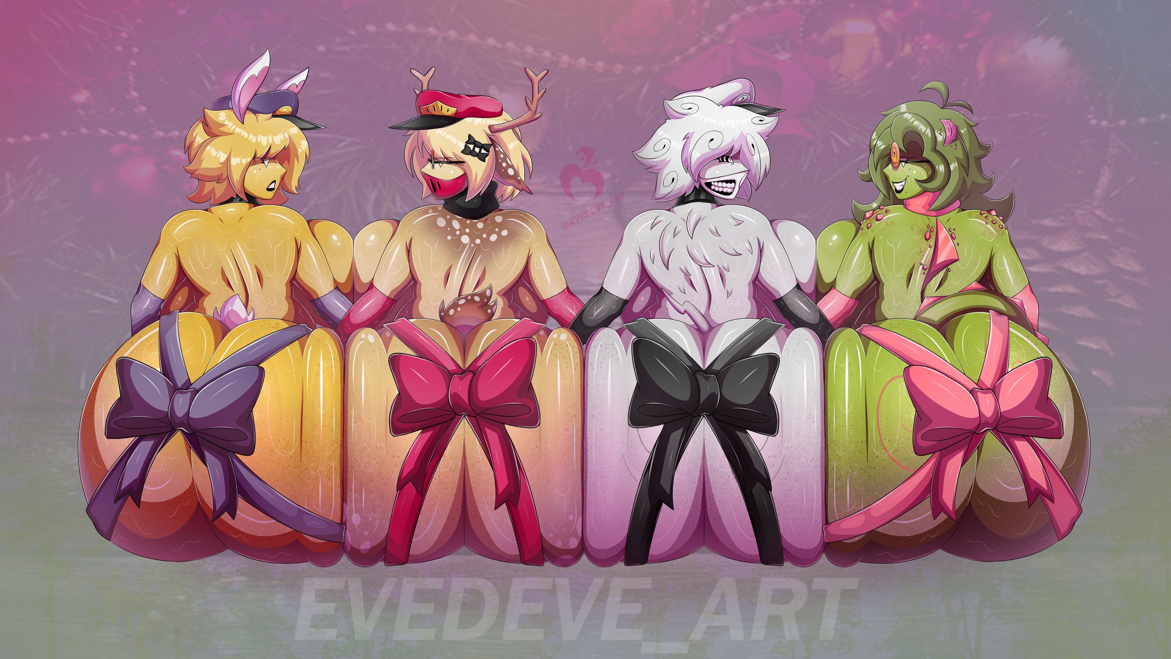 wollu, five nights at freddy's, five nights in anime (fangame), absurdres, highres, 4girls, animal ears, antlers, artist name, ass, ass press, black gloves, black ribbon, blonde hair, breasts, christmas, colored skin, completely nude, deer antlers, deer ears, deer girl, deer tail, elbow gloves, from behind, gloves, green skin, hat, horns, huge ass, huge breasts, large breasts, multiple girls, naked ribbon, nude, on floor, pink gloves, pink ribbon, purple gloves, purple ribbon, rabbit ears, rabbit girl, rabbit tail, red gloves, red ribbon, ribbon, shiny skin, sitting, smile, tail, teeth, white hair, white skin, yellow skin