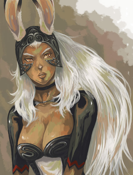 sakushaaya (3948aya), fran (ff12), final fantasy, final fantasy xii, 00s, 1girl, animal ears, breasts, brown eyes, choker, cleavage, dark-skinned female, dark skin, female focus, long hair, rabbit ears, solo, very long hair, viera, white hair