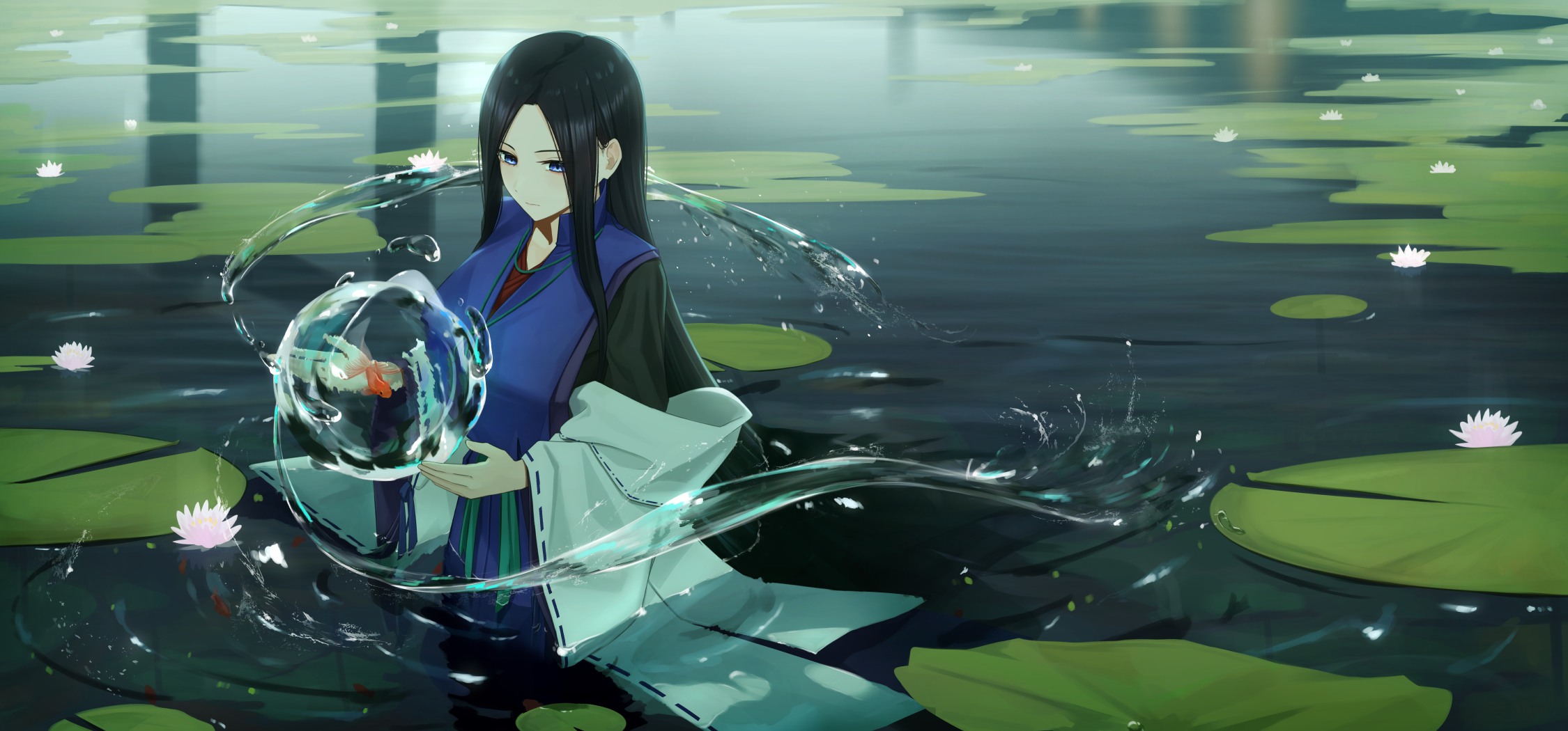 kis sako, original, commentary request, highres, 1girl, black hair, blue eyes, breasts, expressionless, fish, flower, goldfish, lily pad, long hair, looking afar, partially submerged, reflection, reflective liquid, solo, water, water lily flower
