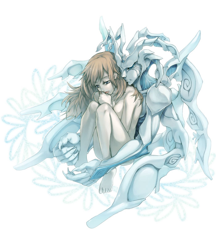 yukitsuki hisa, madoka kiyoko, madoka kyoko, novem, gilgamesh (anime), light, 00s, 1boy, 1girl, barefoot, blue theme, brown hair, couple, fetal position, fingernails, full body, hetero, hug, hug from behind, long hair, nude, white background, white theme