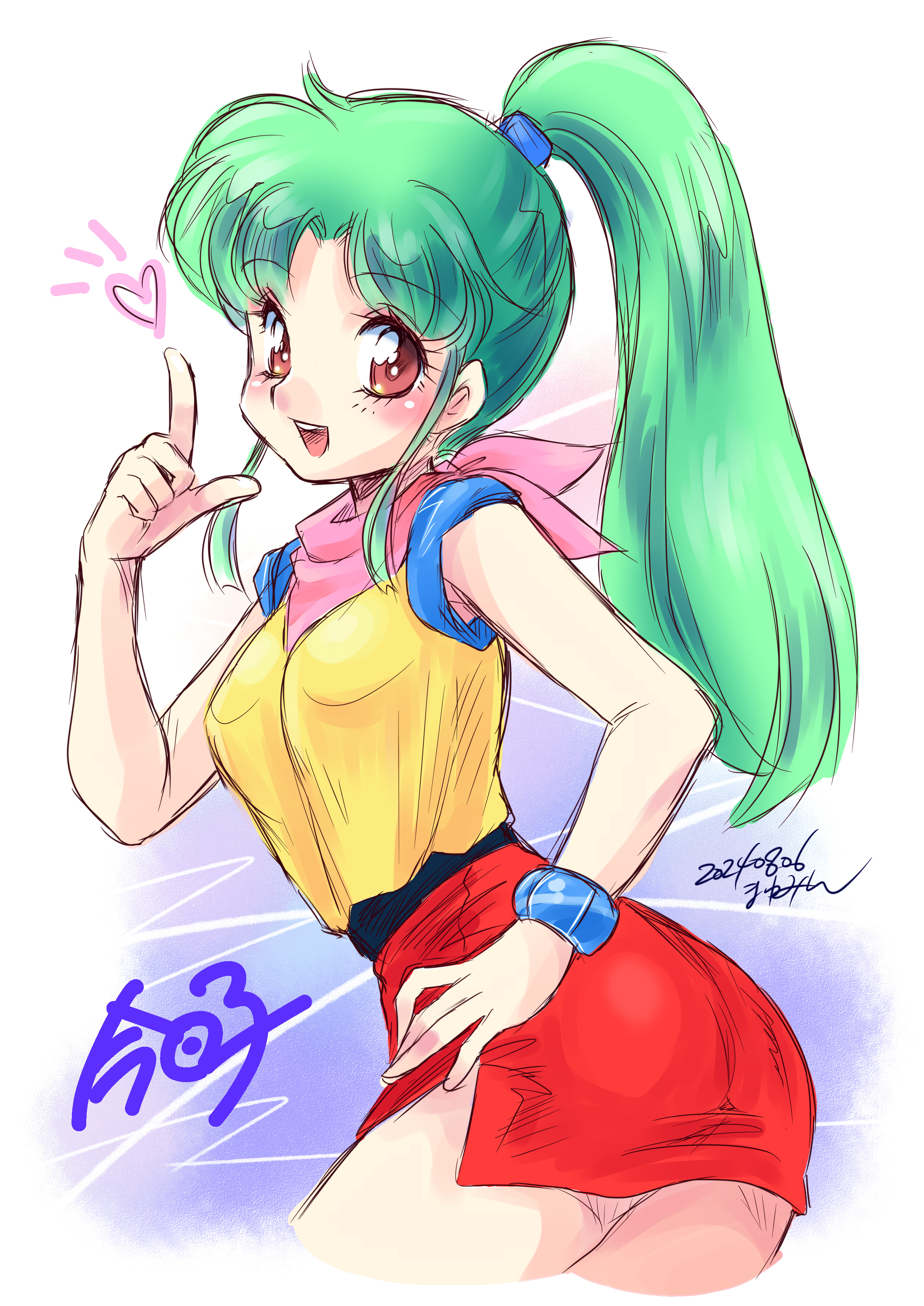 kisaragi miyuki, fubuki kyouko, plawres sanshirou, absurdres, commentary request, highres, 1girl, ass, bandana, bandana around neck, belt, black belt, bracelet, breasts, character name, cropped legs, dated, green hair, hand on own hip, hand up, heart, high ponytail, index finger raised, jewelry, long hair, medium breasts, miniskirt, open mouth, pink bandana, ponytail, red eyes, red skirt, shirt, shirt tucked in, side slit, signature, skirt, sleeveless, sleeveless shirt, smile, solo, tented shirt, twisted torso, upper body, yellow shirt