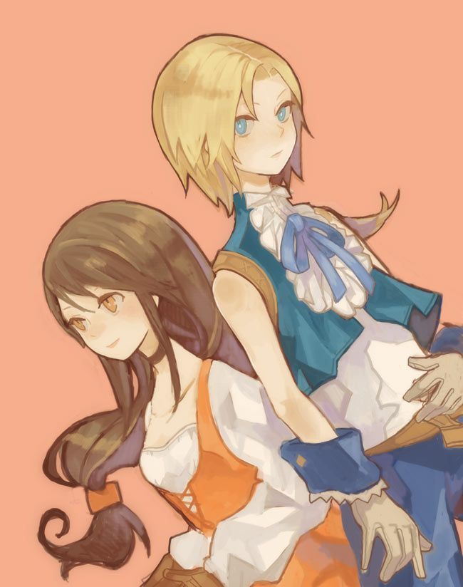 9 (saki-ooo-kiyu), garnet til alexandros xvii, zidane tribal, final fantasy, final fantasy ix, bad id, bad pixiv id, 00s, 1boy, 1girl, black hair, blonde hair, blue eyes, brown eyes, choker, gloves, jewelry, long hair, low-tied long hair, pink background