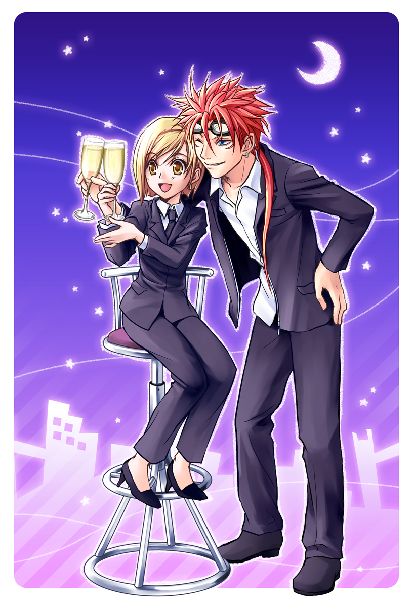 kuromaro, elena (ff7), reno (ff7), final fantasy, final fantasy vii, highres, 1990s (style), 1boy, 1girl, blonde hair, blue eyes, couple, cup, drinking glass, earrings, formal clothes, goggles, high heels, jewelry, long hair, moon, necktie, open mouth, pants, red hair, retro artstyle, shoes, short hair, star (symbol), stool, suit, turks (ff7), wine glass, yellow eyes