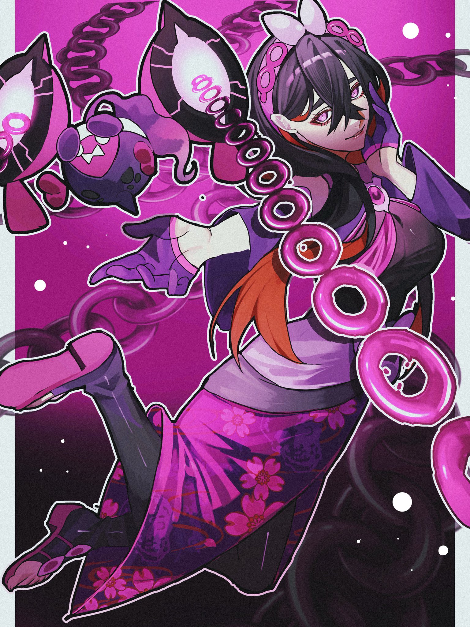 reo (mmocc123), carmine (pokemon), carmine (sygna suit) (pokemon), pecharunt, nintendo, pokemon, pokemon masters ex, highres, 1girl, black hair, black kimono, bow, breasts, closed mouth, crossed bangs, detached sleeves, dress, floral print, floral print kimono, gloves, hair between eyes, hair bow, hairband, japanese clothes, kimono, long hair, long sleeves, looking at viewer, malignant chain (pokemon), mole, mole under eye, official alternate costume, open mouth, pink sash, pokemon (creature), print kimono, purple dress, purple gloves, purple hairband, purple skirt, sash, skirt, smile, white bow, yellow eyes