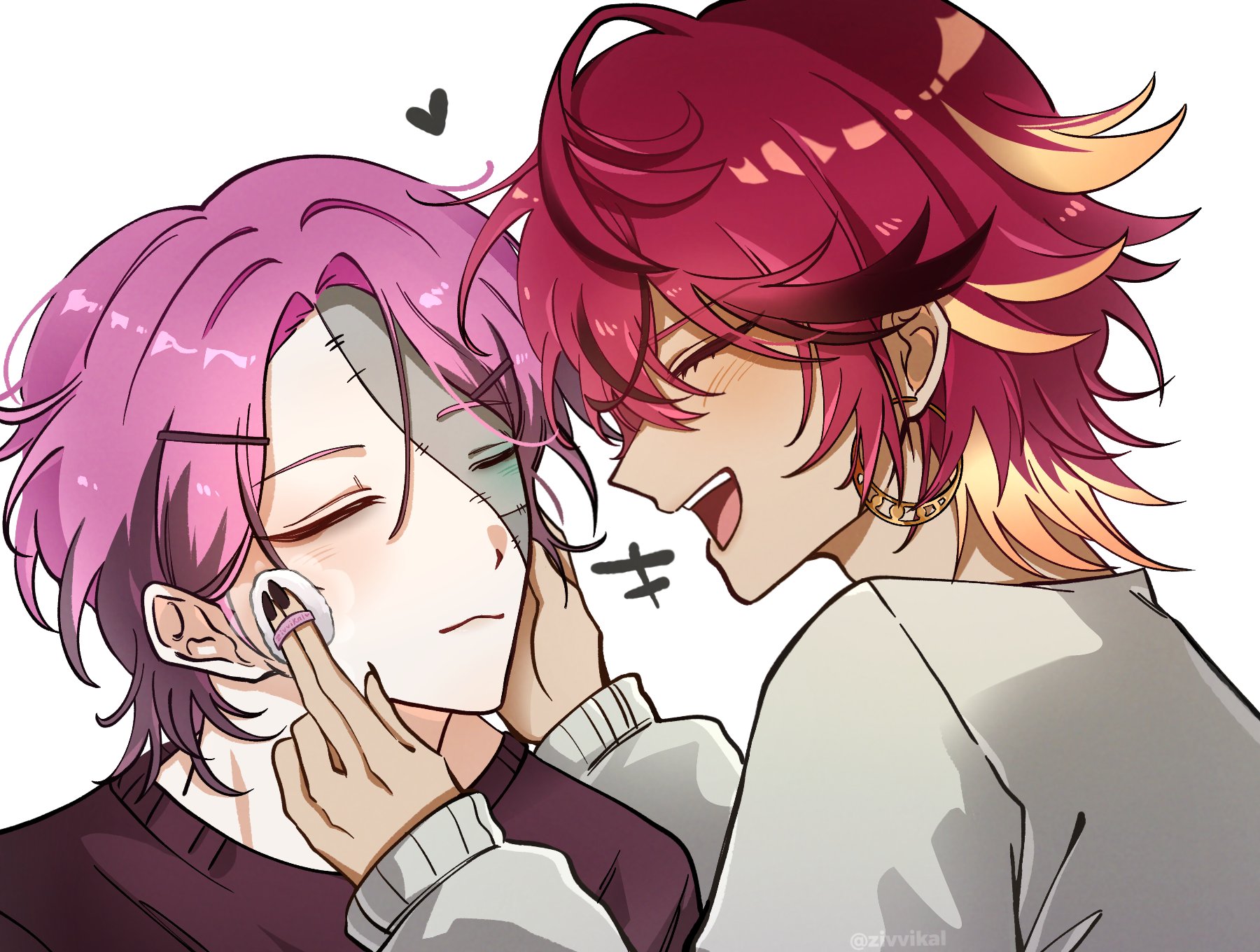 first stage production, highres, 2boys, black nails, blush, closed eyes, closed mouth, earrings, grey sweater, heart, jewelry, malim cendari, multiple boys, open mouth, pink hair, rosco graves, sweater, teeth, white background, zivvikal, zombie