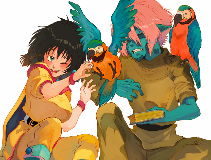 yumemi, amelia wil tesla seyruun, zelgadiss graywords, slayers, bad id, bad pixiv id, 1boy, 1girl, animal, animal on arm, animal on shoulder, bird, bird on arm, bird on shoulder, blue skin, blush, book, colored skin, couple, hetero, one eye closed, parrot, white background, wink