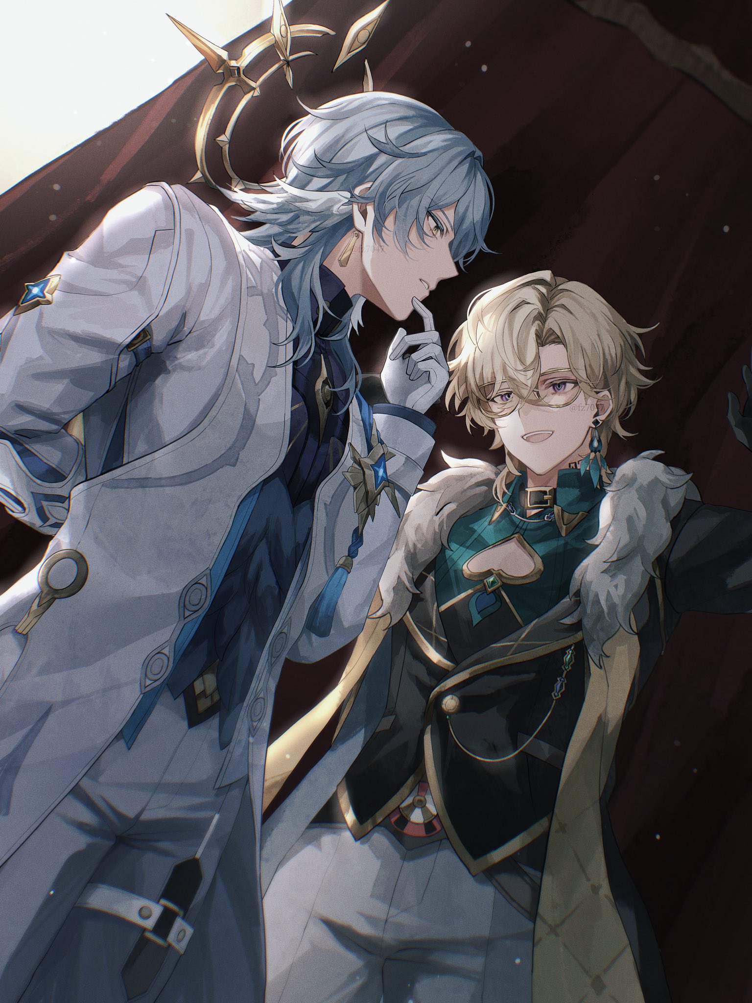 aventurine (honkai: star rail), sunday (honkai: star rail), honkai: star rail, honkai (series), highres, black gloves, blonde hair, blue hair, earrings, from below, fur trim, fz7047, glasses, gloves, halo, jewelry, long sleeves, open mouth, teeth, thigh strap, white gloves