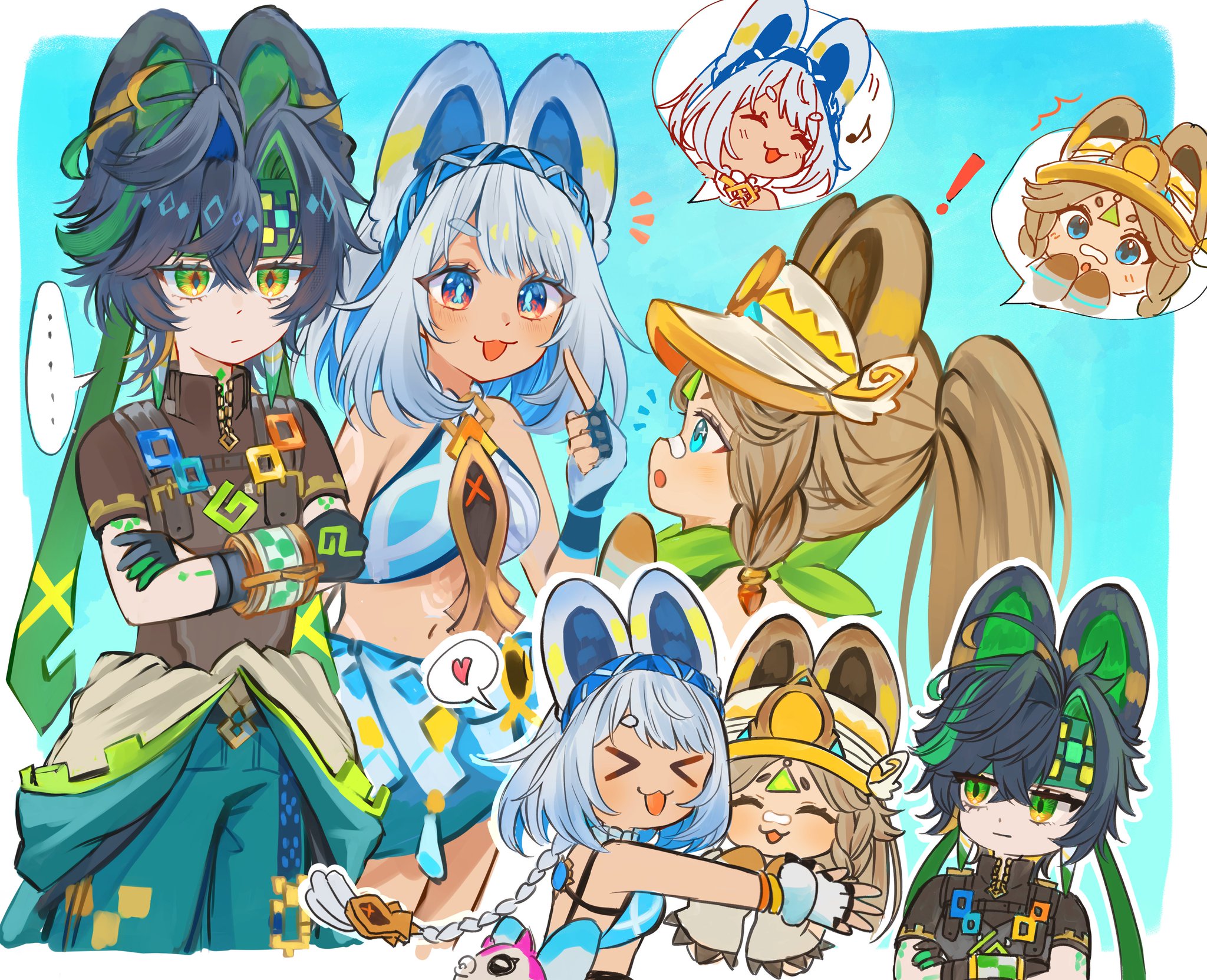 kachina (genshin impact), kinich (genshin impact), mualani (genshin impact), genshin impact, highres, !, …, aqua headband, aqua pants, arm tattoo, bandana, bandana around neck, blue hairband, body markings, braid, chinchilla ears, chinchilla girl, crossed bangs, fingerless gloves, fish-shaped pupils, fur-lined gloves, fur-trimmed mittens, fur trim, gloves, green bandana, green headband, hairband, hawaiian clothes, headband, heart, jaguar girl, low twin braids, mittens, multicolored gloves, multicolored pants, nanase sato, orange mittens, orange visor, pants, speech bubble, tan, tanline, tattoo, twin braids, two-tone gloves, visor cap, white visor