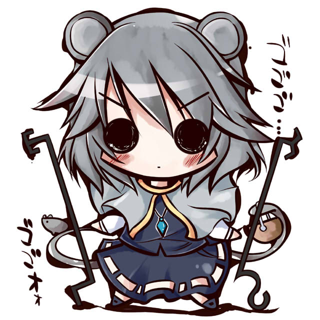 shin no, yamaguchi shinnosuke, nazrin, touhou, 1girl, animal ears, basket, chibi, female focus, mouse (animal), mouse ears, mouse tail, short hair, solo, tail