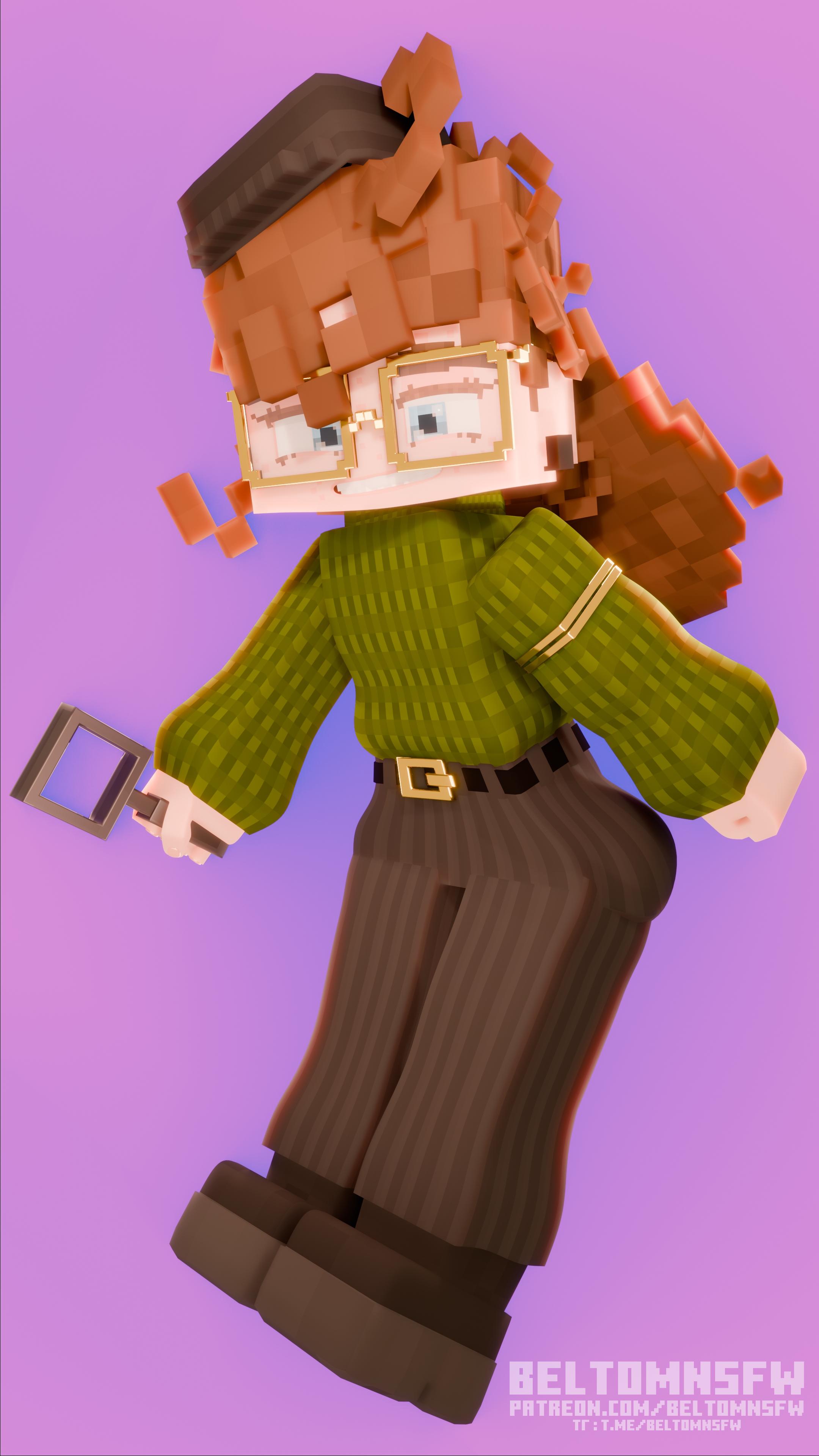 minecraft, absurdres, highres, 1girl, armlet, ass, belt, beltomnsfw, blue eyes, curly hair, flat chest, glasses, green sweater, hat, holding, holding magnifying glass, huge ass, jewelry, long hair, looking at viewer, magnifying glass, minecraft (style), pants, pink background, sidelocks, signature, simple background, smile, sweater