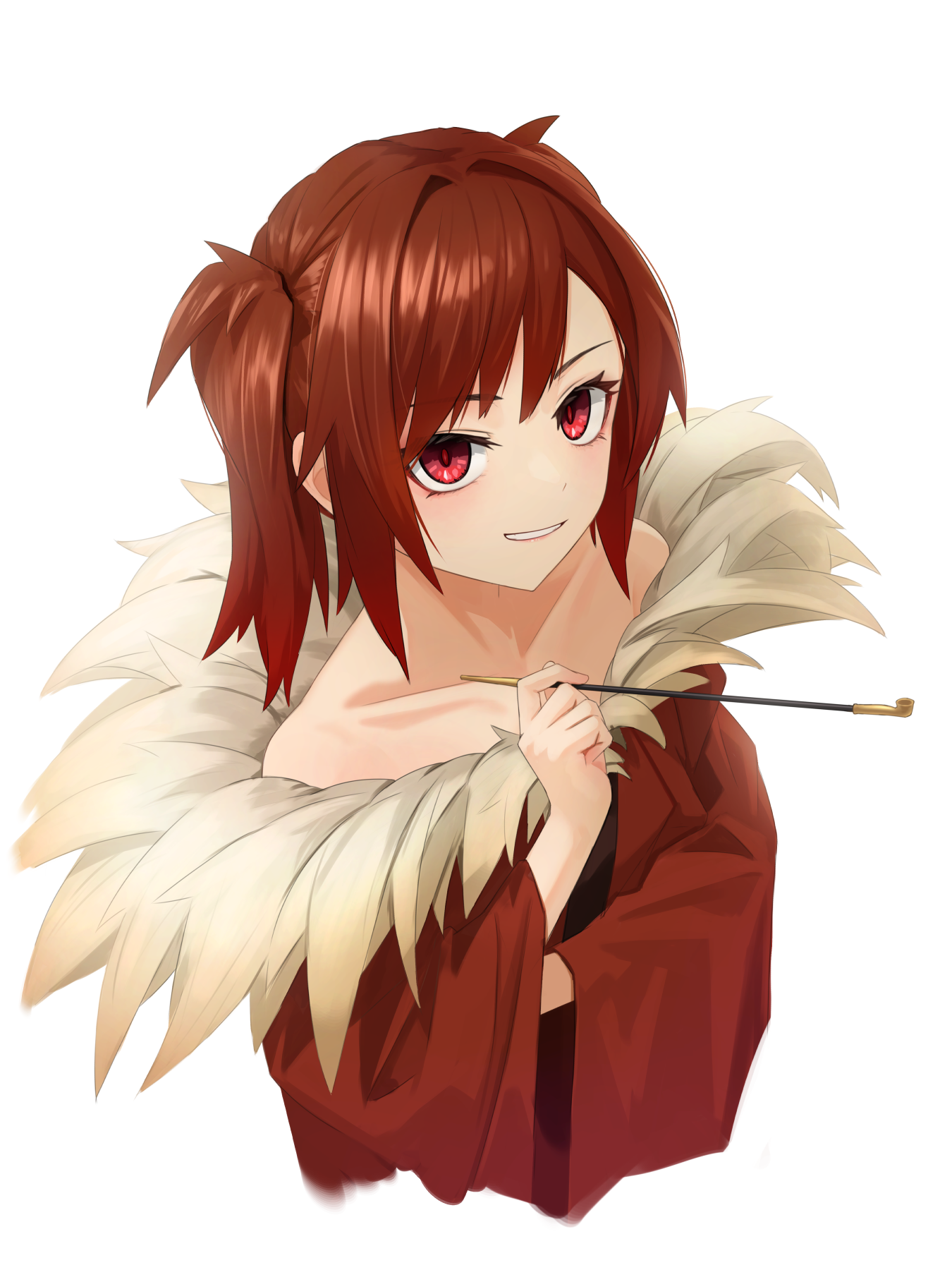 kis sako, original, commentary request, highres, 1girl, cropped torso, holding, holding smoking pipe, kiseru, looking at viewer, parted lips, red eyes, red hair, simple background, smile, smoking pipe, solo, twintails, white background