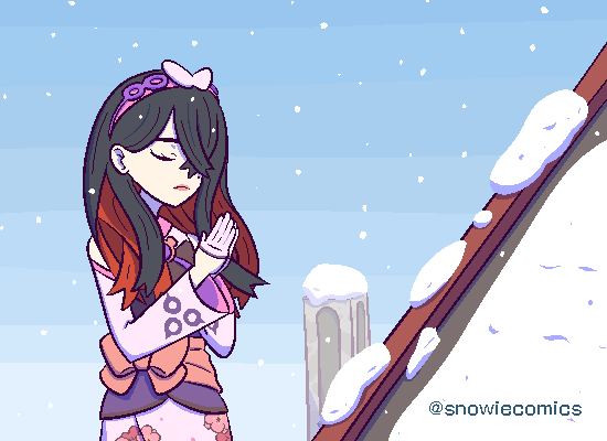 snowiecomics, carmine (pokemon), carmine (sygna suit) (pokemon), nintendo, pokemon, pokemon masters ex, 1girl, alternate color, black hair, closed eyes, colored inner hair, detached sleeves, gloves, half gloves, hatsumoude, multicolored hair, new year, official alternate costume, own hands together, pink gloves, red hair, snow, snowing, solo, two-tone hair