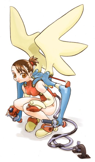 hirai yukio, original, archived source, bad link, 1girl, bare legs, breasts, brown eyes, brown hair, closed mouth, detached sleeves, engineering nonsense, fake wings, full body, gloves, handlebar, leotard, looking at viewer, medium breasts, orange gloves, orange leotard, ponytail, shoes, short ponytail, smile, solo, squatting, wings, yellow gloves, yellow shoes, yellow wings