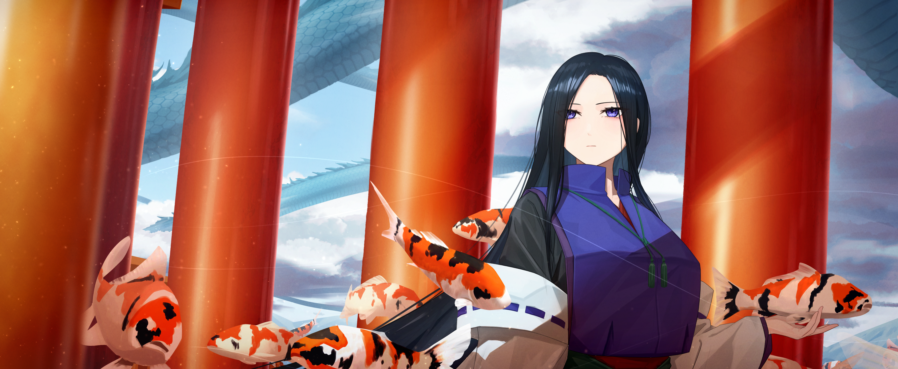 kis sako, original, commentary request, highres, 1girl, black hair, blue eyes, blue sky, chinese zodiac, cloud, dragon, koi, long hair, looking afar, sky, tassel, turtleneck, year of the dragon