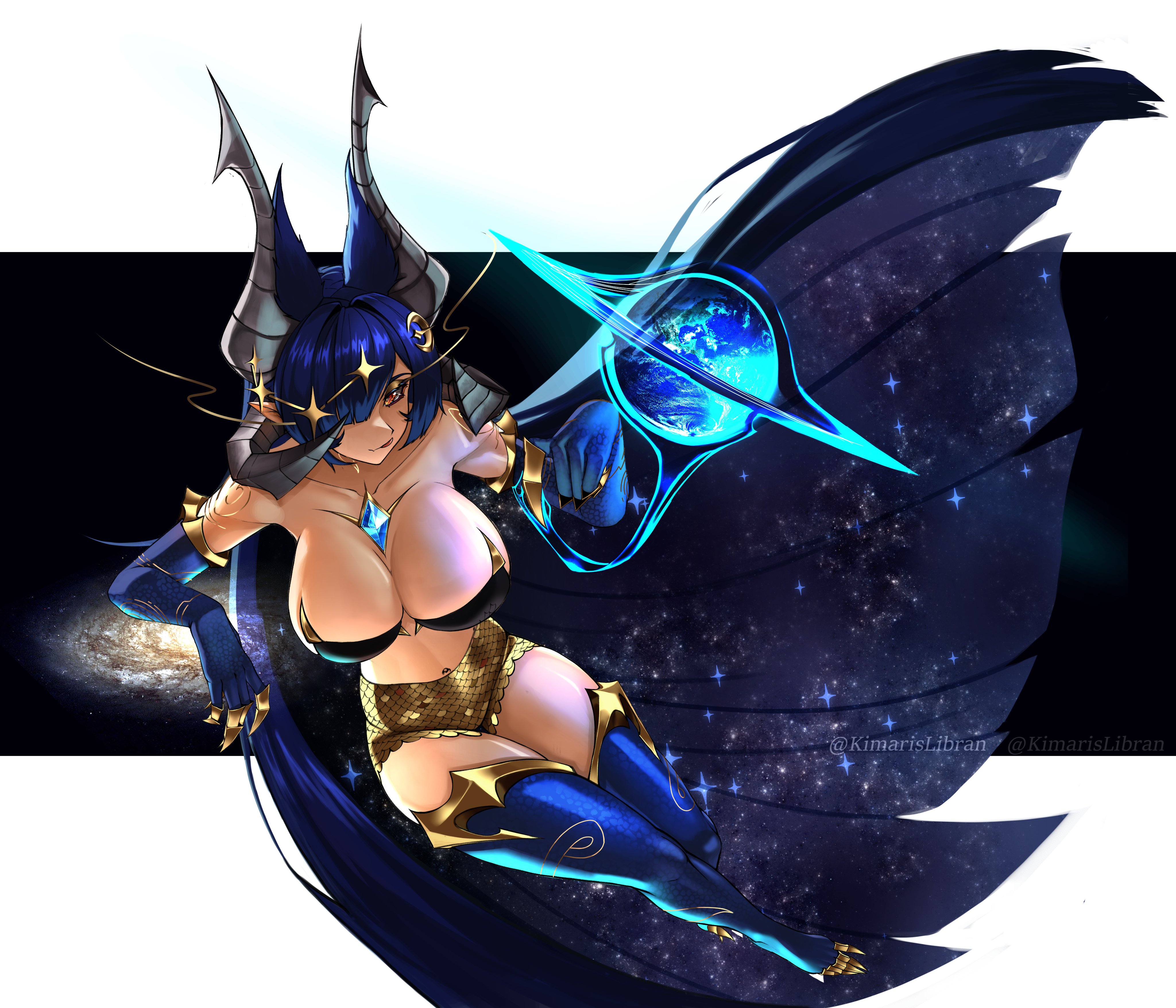 kimarislibran, vienna (vtuber), indie virtual youtuber, absurdres, highres, blue hair, breasts, claws, cleavage, constellation, constellation hair ornament, dragon girl, dragon horns, earth (planet), elbow gloves, gloves, grey horns, horns, large breasts, long hair, midriff, multiple horns, planet, red eyes, thighhighs, thighs, very long hair, virtual youtuber
