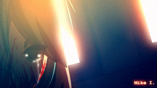 mike inel, hatsune miku, koi wa sensou (vocaloid), vocaloid, light, animated, animated gif, anime screenshot, 1girl, blood, blood in hair, blood on face, female focus, green hair, hairband, shaded face, solo, striped clothes, striped hairband, tears