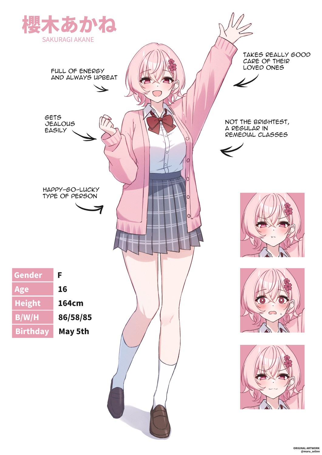 maru.selinn, original, highres, 1girl, :t, arm up, arrow (symbol), blush, bow, bowtie, brown shoes, cardigan, character name, closed mouth, collared shirt, english text, flower, grey skirt, hair flower, hair ornament, height, long sleeves, multiple expressions, open mouth, pink cardigan, pink eyes, pink flower, pink hair, pleated skirt, red bow, red bowtie, school uniform, shirt, shoes, short hair, skirt, socks, sweat, twitter username, white shirt, white socks