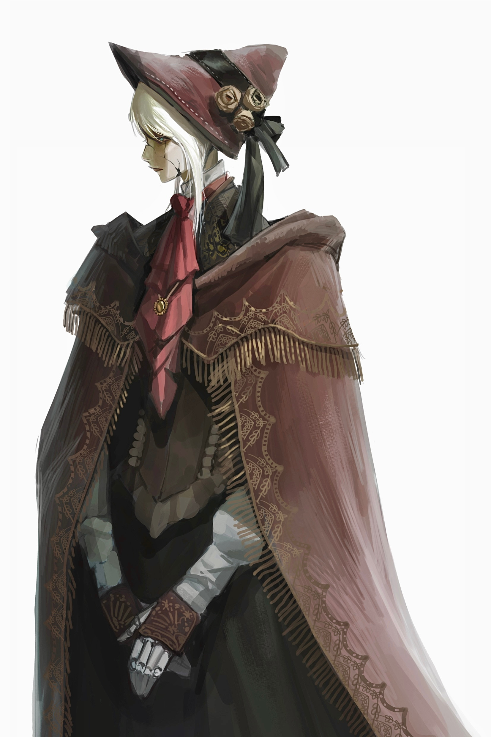 plain doll, bloodborne, absurdres, highres, 1girl, ascot, black skirt, bonnet, brown cloak, cloak, cracked skin, doll joints, flower, from side, green eyes, hat, hat flower, hat ribbon, jewelry, joints, long sleeves, looking ahead, own hands clasped, own hands together, pale skin, parted bangs, qintian liu, red ascot, red bonnet, ribbon, short hair, sidelocks, skirt, solo, standing, white background, white hair