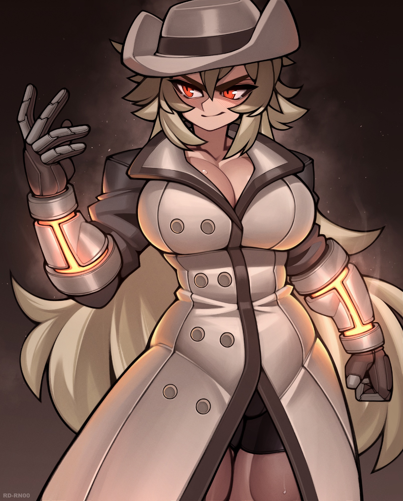 roadi3, original, commission, highres, 1girl, bike shorts, black background, blonde hair, breasts, brown coat, brown hat, cleavage, closed mouth, coat, cowboy hat, glowing arm, hat, large breasts, long hair, looking to the side, mechanical arms, muscular, muscular female, red eyes, short shorts, shorts, smile, solo, sweat, trench coat