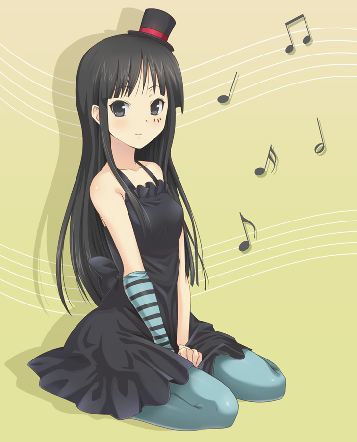 hashi, akiyama mio, don't say "lazy", k-on!, bad id, bad pixiv id, 00s, 1girl, aqua pantyhose, bare shoulders, black eyes, black hair, blue pantyhose, dress, female focus, hat, kneeling, long hair, mini hat, mini top hat, musical note, pantyhose, solo, striped clothes, striped pantyhose, top hat