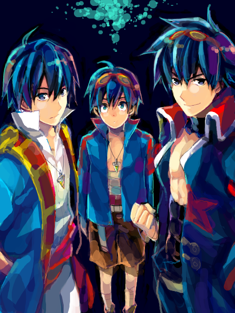 kuroemon, simon (ttgl), tengen toppa gurren lagann, 00s, 1boy, aged down, aged up, blue hair, costume chart, drill, goggles, goggles on head, male focus, multiple persona, sarashi, tegaki, time paradox