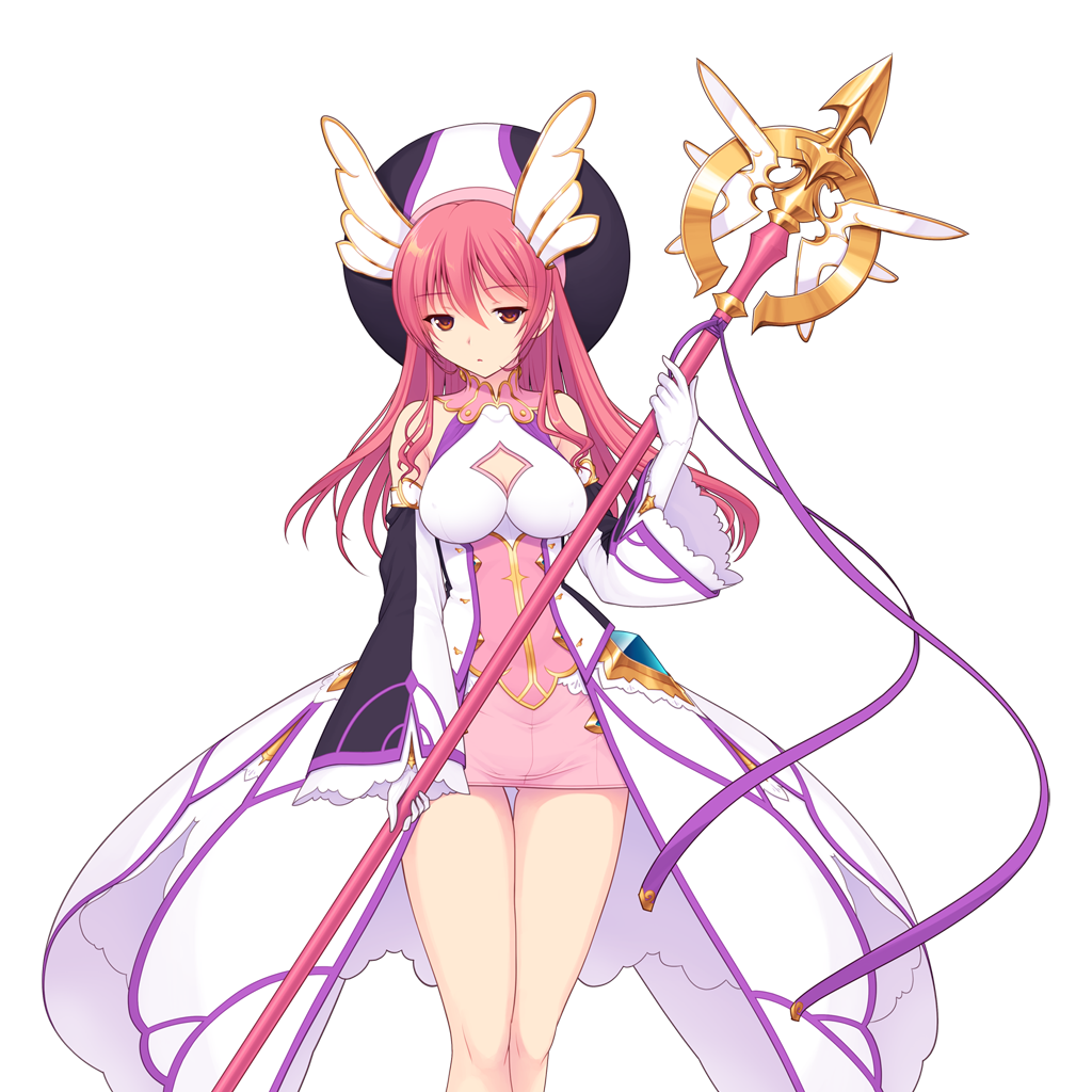 saitou natsuki, suhamaya, en ciel rena, en ciel rena (magius), tomoe rena, kourin tenshi en ciel rena, game cg, large variant set, non-web source, official art, variant set, 1girl, breasts, cleavage, cleavage cutout, clothing cutout, detached sleeves, dress, gloves, hair between eyes, hat, holding, holding staff, long hair, long sleeves, looking at viewer, magical girl, medium breasts, miniskirt, pink hair, red eyes, short dress, skirt, solo, staff, standing, thigh gap, transparent background, white gloves, wide sleeves