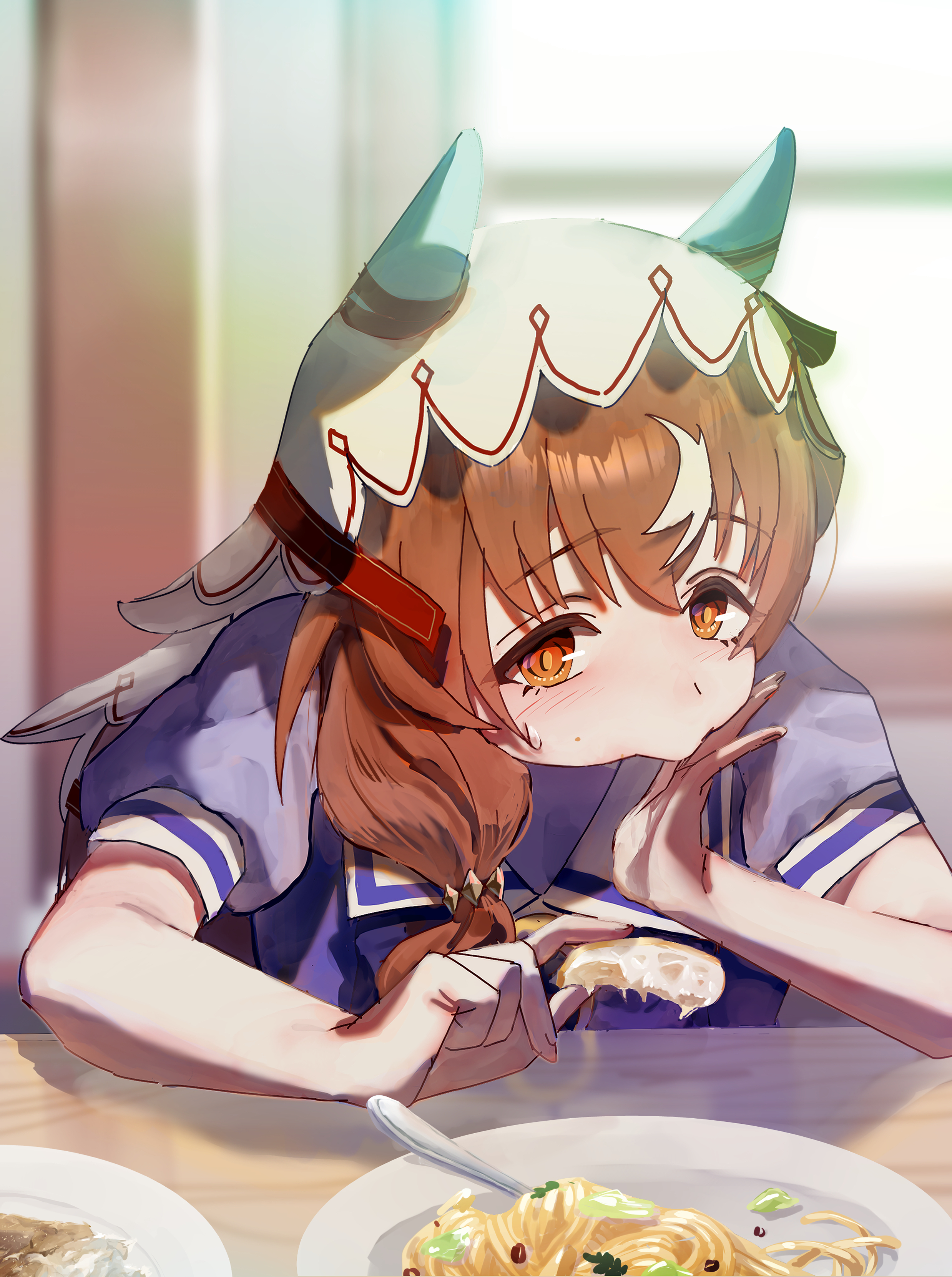 no uwazumi, still in love (umamusume), umamusume, absurdres, highres, 1girl, animal ears, blush, eating, food, grey hair, horse ears, horse girl, long hair, looking at viewer, multicolored hair, pasta, plate, red eyes, sailor collar, school uniform, short sleeves, single polished nail, solo, spaghetti, streaked hair, table, tracen school uniform, upper body, veil