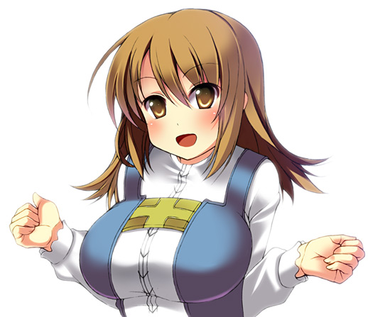 kyoku tou, refia, final fantasy, final fantasy iii, 1990s (style), 1girl, blush, breasts, female focus, huge breasts, long hair, matching hair/eyes, open mouth, orange eyes, orange hair, retro artstyle, simple background, solo, white background