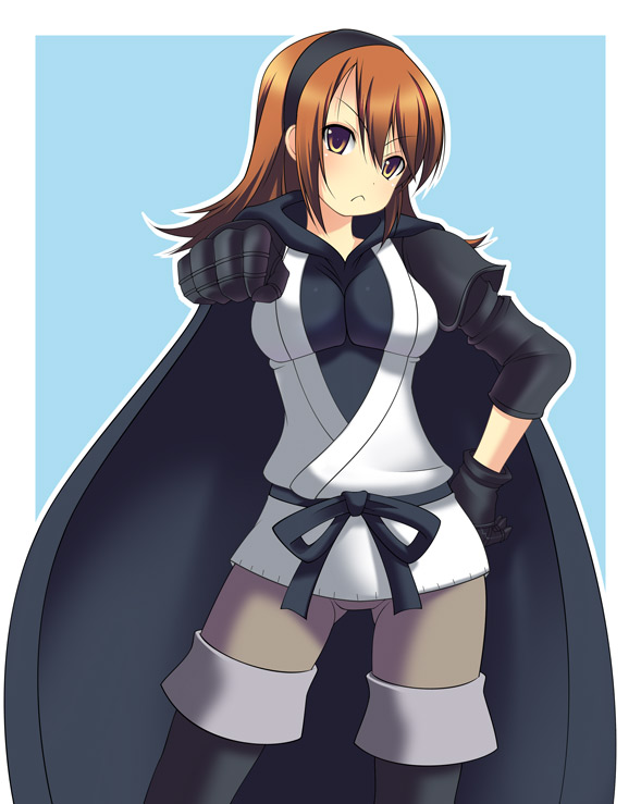 kyoku tou, refia, final fantasy, final fantasy iii, 1990s (style), 1girl, breasts, cape, female focus, gloves, hairband, long hair, matching hair/eyes, orange eyes, orange hair, skin tight, solo, thighhighs