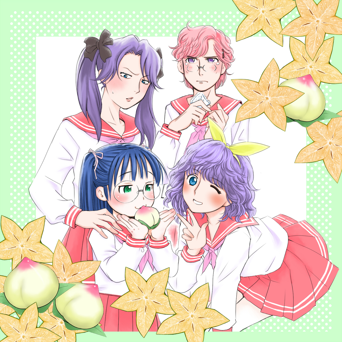 matsui celine, hiiragi kagami, hiiragi tsukasa, izumi konata, takara miyuki, junjou crazy fruits, lucky star, 1980s (style), blue hair, food, fruit, glasses, messy hair, oldschool, parody, pink hair, purple hair, retro artstyle, school uniform, serafuku, twintails