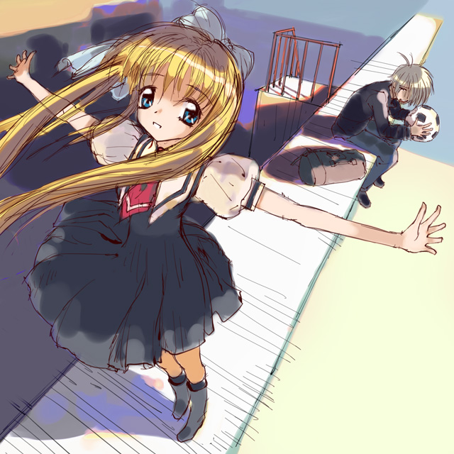 okayu (crosspoint), kamio misuzu, kunisaki yukito, air (visual novel), bad id, bad pixiv id, 00s, 1boy, 1girl, ball, blonde hair, blue eyes, bow, couple, grey hair, hetero, long hair, school uniform, short hair, sketch, soccer, soccer ball, telstar