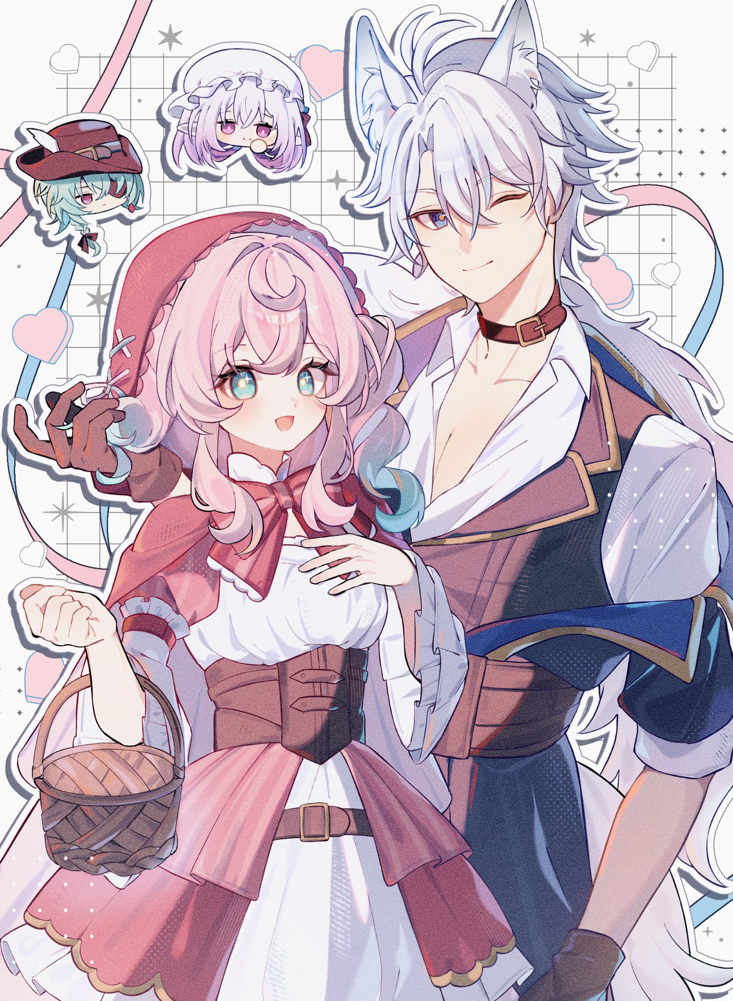 pino (pino2452), anaxa (honkai: star rail), castorice (honkai: star rail), hyacine (honkai: star rail), phainon (honkai: star rail), honkai: star rail, honkai (series), highres, 1boy, 2girls, animal ears, aqua eyes, aqua hair, basket, belt collar, blue eyes, brown gloves, collar, dress, drill hair, gloves, heart, hood, hoodie, multicolored eyes, multiple girls, one eye closed, pink hair, purple hair, red hoodie, twin drills, white hair, wolf ears, yellow pupils