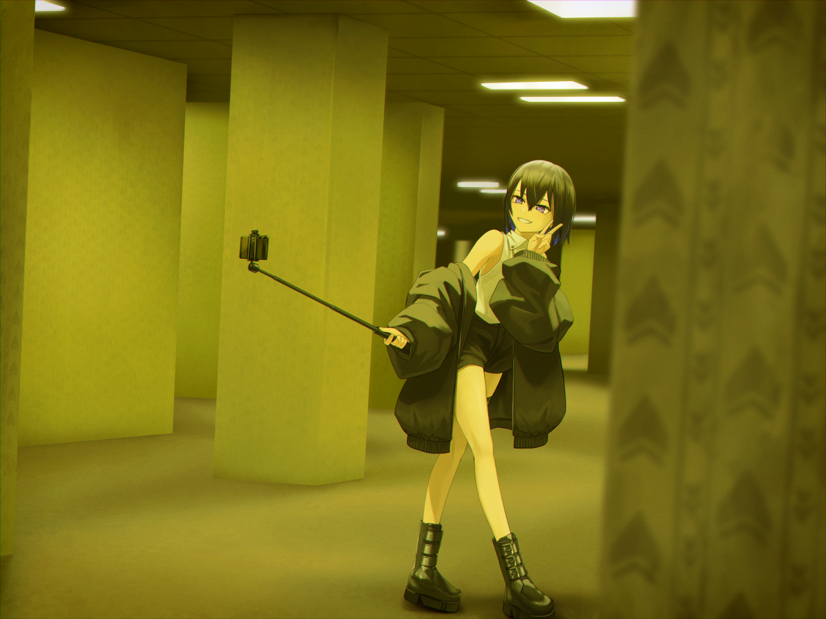 kis sako, backrooms (creepypasta), original, commentary, 1girl, black hair, black jacket, black shoes, black shorts, blue hair, cellphone, collared shirt, colored inner hair, full body, grin, hair between eyes, holding, indoors, jacket, long hair, multicolored hair, phone, selfie stick, shirt, shoes, shorts, sleeveless, sleeveless shirt, smile, solo, standing, teeth, v, white shirt
