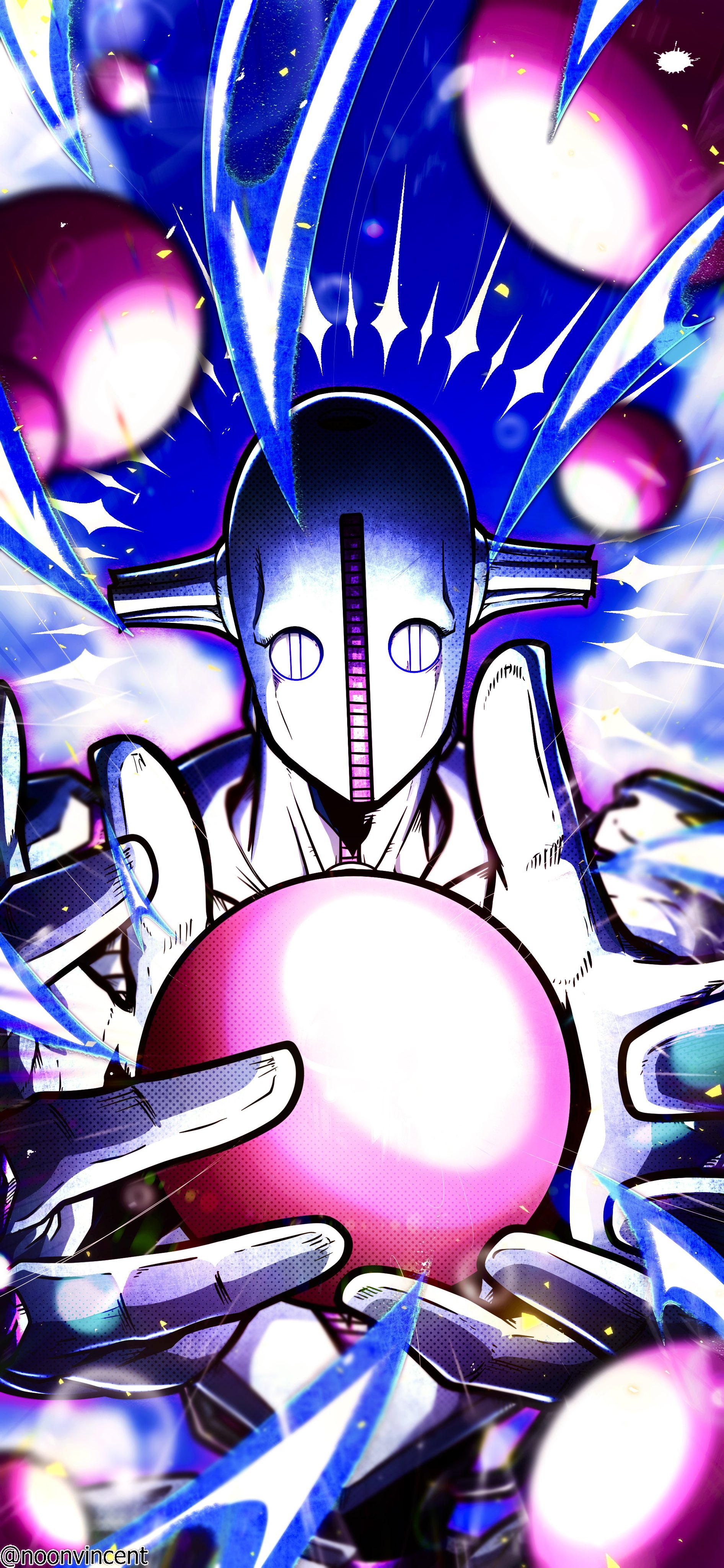 noonvincent, soft & wet, wonder of u, jojo no kimyou na bouken, jojolion, absurdres, commentary, english commentary, highres, 2others, bobbles, bowler hat, hat, humanoid robot, multiple others, no humans, other focus, robot, sparkle, stand (jojo), upper body