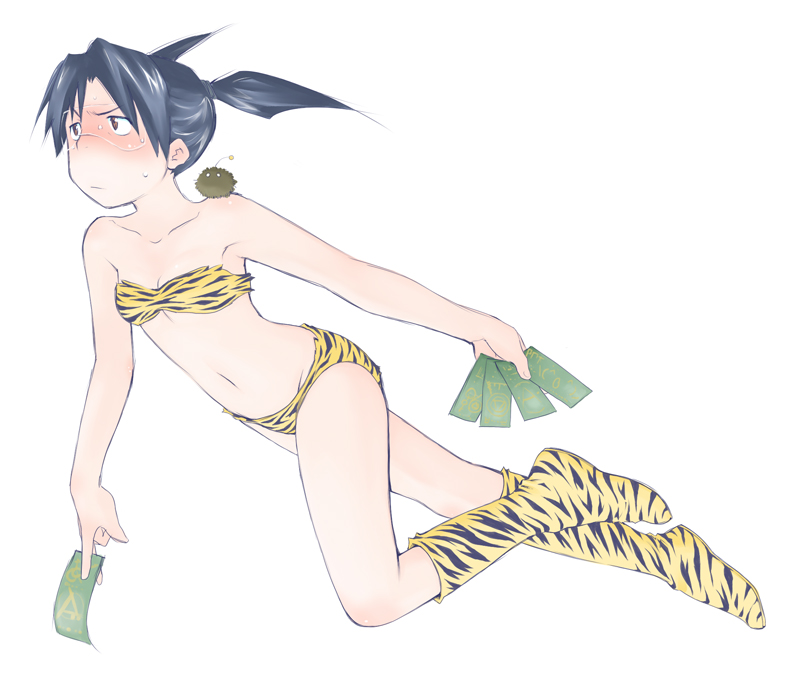 matsui celine, amasawa yuuko, lum, dennou coil, urusei yatsura, 1girl, animal print, bikini, black hair, blush, boots, cosplay, female focus, glasses, legs, lum (cosplay), parody, solo, swimsuit, tiger print, twintails, yellow bikini