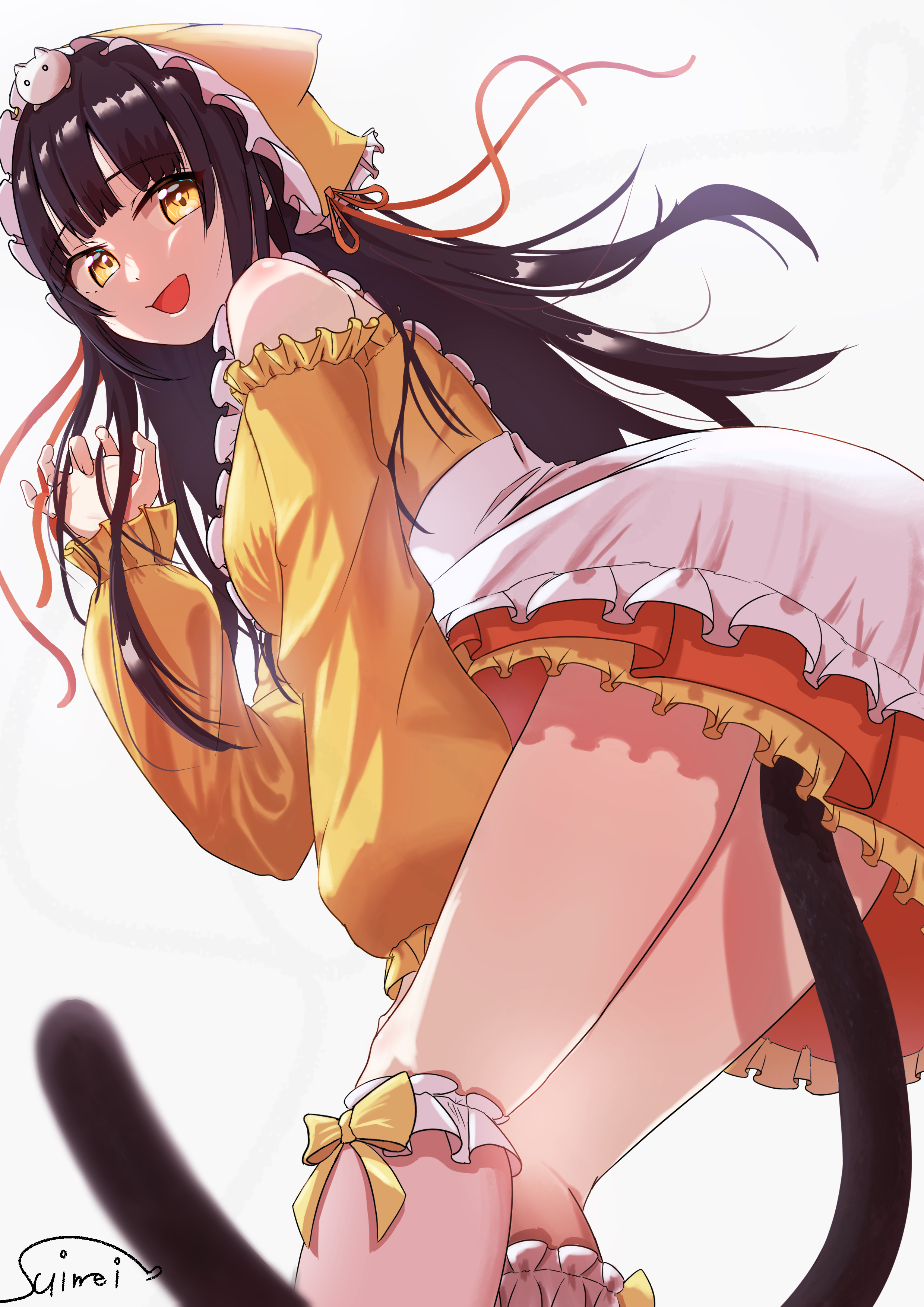 suimei (ramebi3), asakura karen (heaven burns red), heaven burns red, absurdres, commentary, highres, 1girl, :d, alternate costume, alternate hairstyle, animal, animal ear headwear, animal ears, animal on head, apron, black hair, blunt bangs, blurry, blush, bow, bow legwear, cat, cat ears, cat on head, cat tail, claw pose, depth of field, dress, dutch angle, enmaided, fake animal ears, feet out of frame, floating hair, frilled apron, frilled dress, frilled hat, frilled sleeves, frilled socks, frills, from behind, from below, hair down, hand on own knee, hand up, happy, hat, hat ribbon, kneehighs, kneepits, leaning forward, long hair, long sleeves, looking at viewer, looking back, maid, maid apron, off-shoulder dress, off shoulder, on head, open mouth, orange dress, orange hat, orange ribbon, ribbon, simple background, smile, socks, solo, standing, tail, thighs, unconventional maid, white apron, white background, white socks, yellow bow, yellow eyes