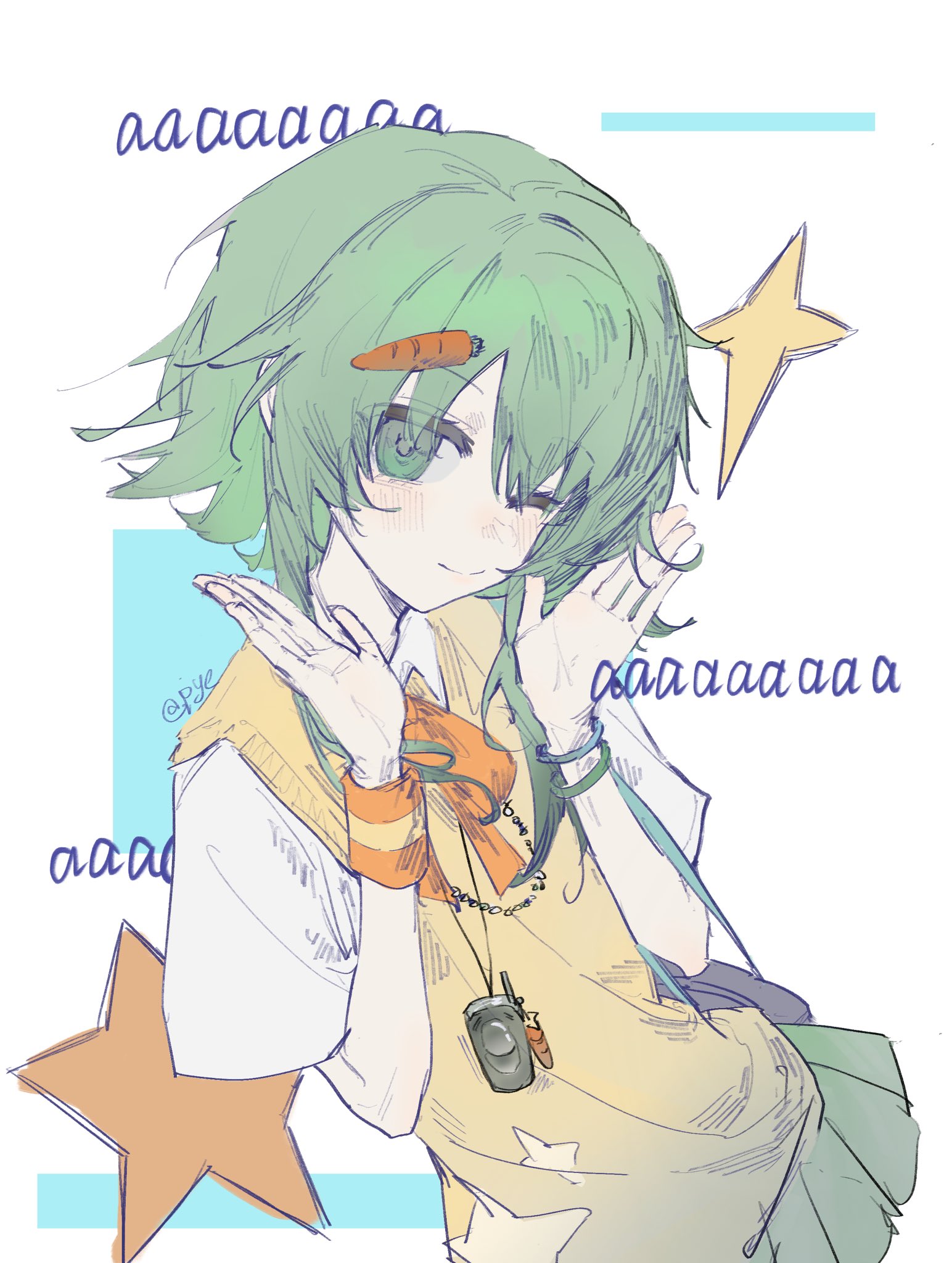 pye yyy, gumi, vocaloid, highres, 1girl, bag, blush, bow, bowtie, bracelet, carrot hair ornament, cellphone, closed mouth, collared shirt, flip phone, food-themed hair ornament, green eyes, green hair, green skirt, hair ornament, hands framing own cheeks, heisei retro, i can't wait (synthesizer v), jewelry, looking at viewer, necklace, one eye closed, orange bow, orange bowtie, phone, pleated skirt, shirt, short hair with long locks, short sleeves, shoulder bag, skirt, smile, solo, sparkle, standing, standing on one leg, star (symbol), star print, vest, white shirt, wristband, yellow vest
