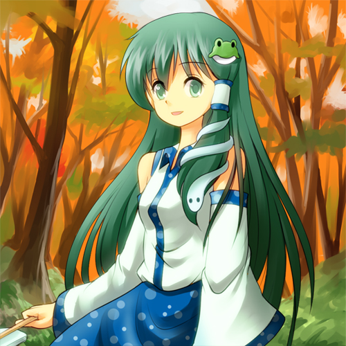 ruu (tksymkw), kochiya sanae, touhou, lowres, 1girl, blouse, collared shirt, female focus, frog, green eyes, green hair, hair ornament, japanese clothes, long hair, matching hair/eyes, shirt, sleeveless, sleeveless shirt, snake, solo, white shirt