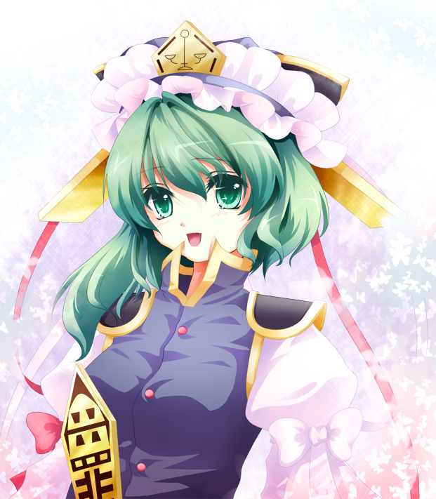 nayuzu, shiki eiki, touhou, bad id, bad pixiv id, 1girl, female focus, green eyes, green hair, hat, rod of remorse, short hair, solo, upper body
